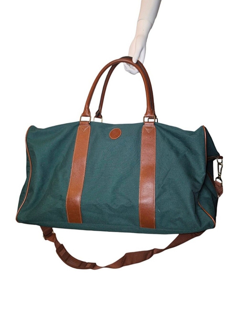 Vintage Ralph Lauren Green Canvas and Brown Leather Duffle Travel Bag
